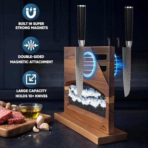Magnetic Knife Block, Double Sided Kitchen Knife Holder for Countertop, Freestanding Acacia Wood Knife Organizer with Hand-Painted Wave Textured Abstract Painting (Black Blue) - Thumbnail 4