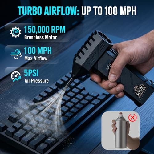 MTOX Compressed Air Duster, 150,000RPM Super Power Rechargeable Electric Air Duster, Blower, 2in1 Vacuum, 4-Gear Adjustable,2 Swappable Battery, LED, for Keyboard, PC, Car, Home (Frosted Black) - Thumbnail 3