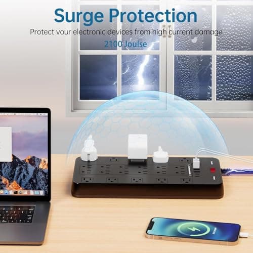 Power Strip 10 FT Cord with 22 Outlets 6 USB Ports(2 USB C), 1875W/15A, 10 FT Flat Plug 3 Prong Extension Cord with Multiple Outlets for Home Office, Dorm, Gaming, Black - Thumbnail 3