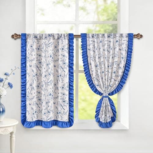 Yinhua Floral Kitchen Curtains 36 Inch with Ruffle Tieback, Farmhouse Vintage Linen Kitchen Window Curtains Over Sink, Light Filtering Rod Pocket Small Cafe Curtain, 26" W x 36" L, 2 Panels, Blue - Image 1