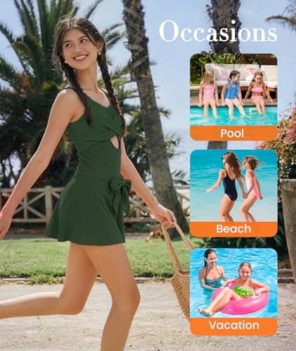MFAVIP Girls One Piece Swimsuits Teen Swimsuits for Girls 14-16 Green V Neck Ruffle Strap for Beach - Thumbnail 6
