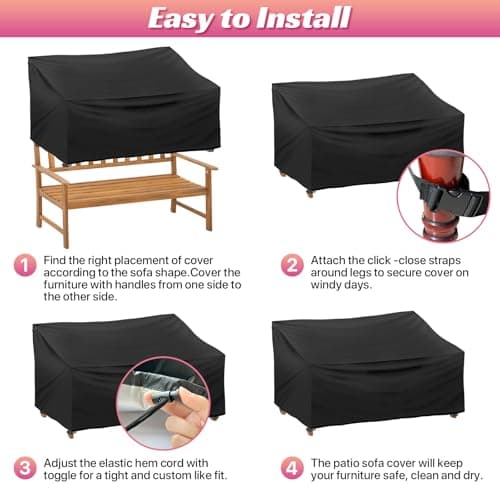 Outdoor Bench Cover 2 Seater Waterproof, 52" W X 28" D X 35" H All Weather Patio Bench Cover for Outside Furniture, Loveseat, Sofa Couch, Bench and Glider, Black - Thumbnail 6