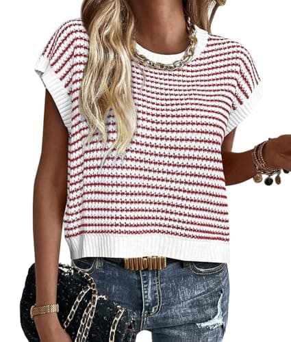 ATHMILE Tops for Teachers Womens Short Sleeve Sweater Spring Summer Striped Round Neck Cap Sleeve Knit Cute Vest 2026 Red - Image 1