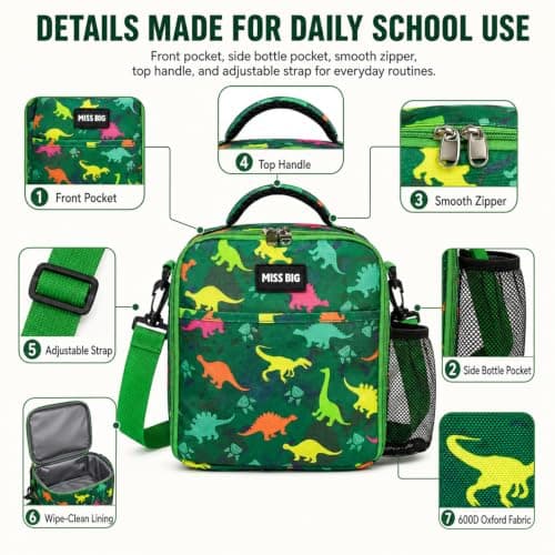 MISS BIG Dinosaur Kids Lunch Bag for Boys, Insulated School Lunch Bag, 5L - Thumbnail 6