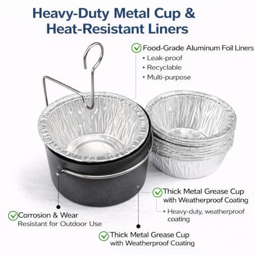 BLUES GRILL PARTS Grill Grease Cup with Clip for Char-Broil & Kenmore Grill Grease Tray Replacement - 15Pack Aluminum Foil Liners, Fits Masterbuilt 30"/40" Smokers Drip Pan Replacement Parts - Thumbnail 3