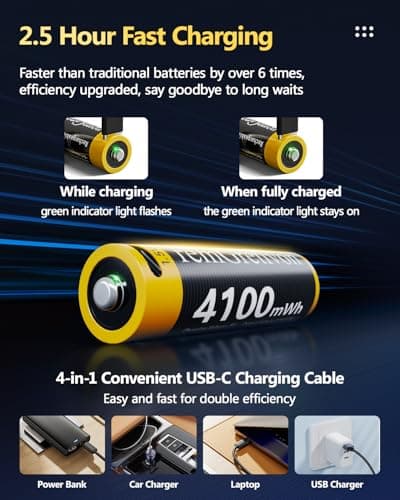 remGretivon USB C Rechargeable AA Batteries 12 Pack, 4100mWh 1.5V Constant Output Lithium Ion Battery, 2.5H Fast Charging Double A Rechargeable Batteries with 4-in-1 Cable, 1500 Cycles - Thumbnail 4
