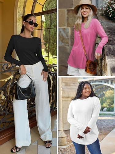 ATHMILE Long Sleeve Shirts for Women Casual Batwing T Shirt Round Neck Basic Loose Tunic Tops White - Thumbnail 6