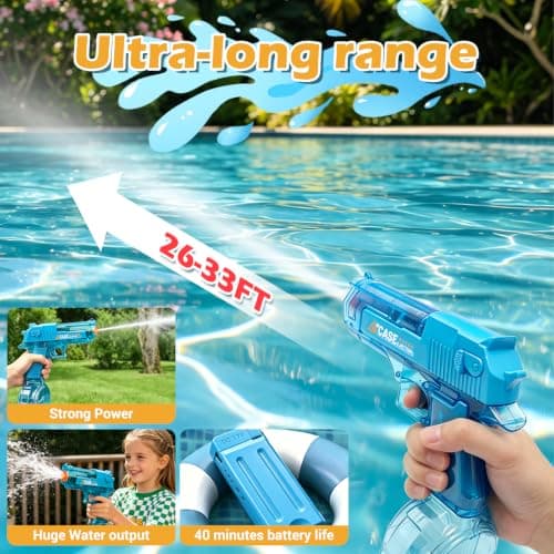 2 Pack Automatic Electric Water Gun for Kids Adults, Rechargeable Water Blaster Toy and Led Light, Long Range 32-35 FT, Water Gun for Swimming Pool Beach Outdoor Water Fighting Parties (Black+Blue) - Thumbnail 3