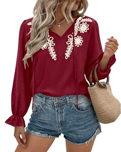 BTFBM Womens Tops Dressy Casual Fall 2025 Boho V Neck Ruffle Long Sleeve Shirts Floral Embroidered Work Business Blouses(Burgundy, Large) - Image 1