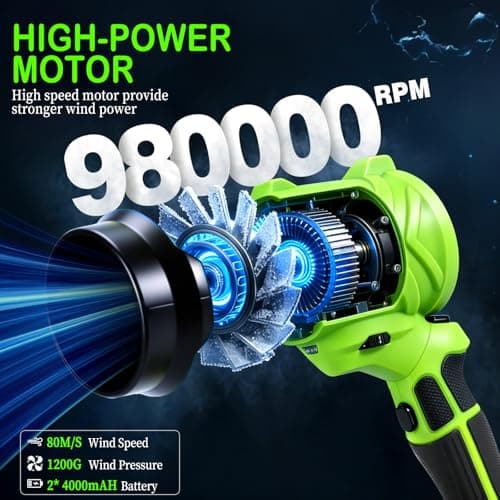TNELTUEB Leaf Blower Cordless, 21V Battery Powered 980000 RPM Handheld Electric Leaf Blower with 6 Speed Control, 2 x 4Ah Batteries & Charger Dust Leaves Blower for Lawn Care, Green - Thumbnail 3