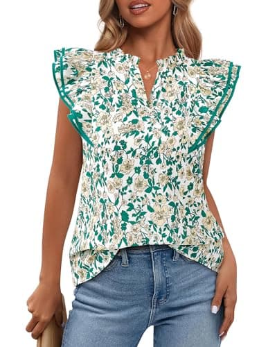 BTFBM Womens Tops Dressy Casual 2026 Spring Summer Shirts Boho Floral V Neck Ruffle Cap Sleeve Business Work Blouses(Floral Green Yellow, Small) - Image 1
