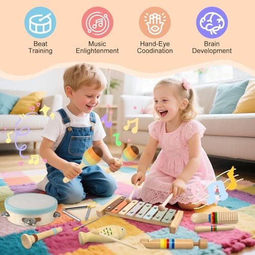 Baby Musical Instruments-Montessori Wooden Toys for Toddlers 1-3 Neutral Colors Percussion Instruments Set with Modern Boho Xylophone for Kids Preschool Educational,Includes Storage Bag - Thumbnail 3