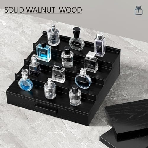 Sueuapp Walnut Wood Cologne Organizer for Men,4 Tier Cologne Stand,Perfume Stand Organizer,Cologne Shelf Display Holder with Hidden Storage and Drawer,Great Gift for Men,Black - Thumbnail 2