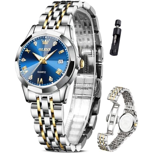 OLEVS Watch Women Silver Blue Womens Watches Dainty Two Tone Stainless Steel Ladies Watches for Women Small Wrist Waterproof Diamond Analog Female Bracelet Day Date Dress Reloj para Mujer - Image 1