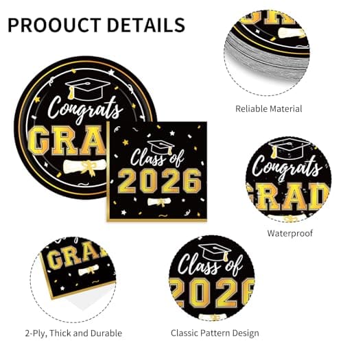Graduation Decorations 2026 Class of 2026 Congrats Grad Disposable Paper Plates Luncheon Napkins Cocktail Napkins Black Gold Graduation Party Supplies Serve 50 - Thumbnail 5