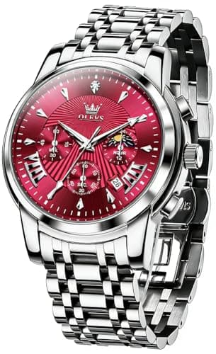 OLEVS Watch Men Red Face Watches for Men Silver Mens Watches Luxury Reloj para Hombre Analog Quartz Dress Stainless Steel Waterproof Chronograph Moon Phase Date Diamond Men's Wrist Watch - Image 1