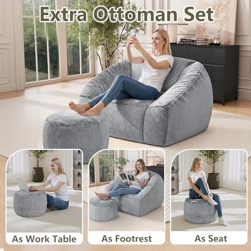 lilanoon Bean Bag Chairs with Ottoman for Adults, Comfy Beanbag Chair with High-Resilience Foam, Oversized Bean Bag Sofa with Soft Faux Fur Fabric, Bean Bag Chair for Living Room,Bedroom,Light Grey - Thumbnail 5