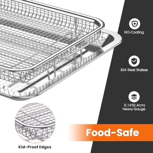 Xumilas Air Fryer Basket for Oven, 2 Set Stainless Steel Pan & Crisper Tray (15"x11" &12.8"x9.7") with 60 Parchment Papers, Family-Size Non-Stick Oven Basket for Baking Chicken, Fries, Dishwasher Safe - Thumbnail 5