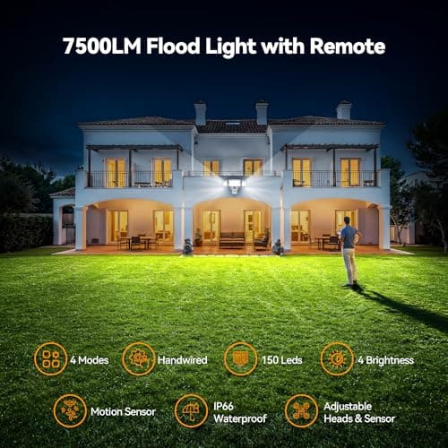 TECKNET 7500LM Motion Sensor Outdoor Lights, 150-LED 3-Head Security Light with Remote Control, 300°Wide Angle Flood Wall Lights with 4 Modes, IP66 Waterproof, Ideal for Garage, Patio, Yard - Thumbnail 2