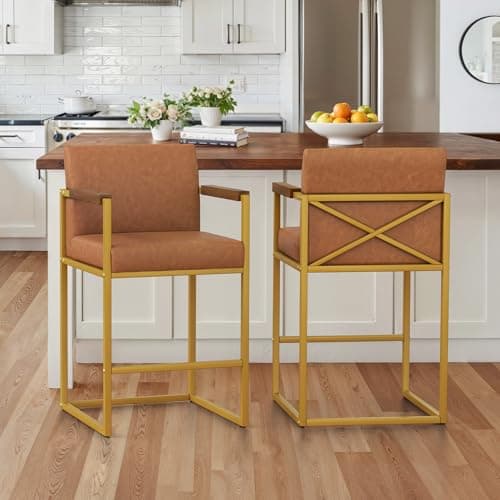 LUE BONA Bar Stools Set of 2, Counter Height Bar Stools with Backs and Arms, Modern BarStools with Metal Legs, Upholstered Bar Chairs for Kitchen Islands, Brown and Gold - Image 1