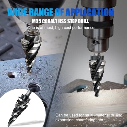 M35 Four Spiral Flute Step Drill Bit Set 1/8"-7/8"(3 pcs), 1/4" Hex Shank Unibit Step Drill bit, Impact Resistant M35 Cobalt Step Drill Bit, for Stainless Steel, Wood, Aluminum, Plastic - Thumbnail 6