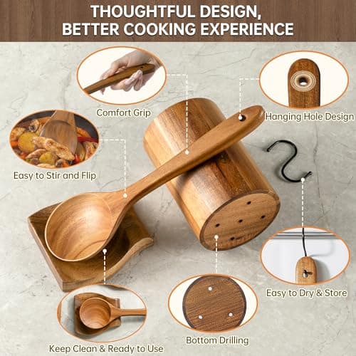 FYCTIO Wooden Utensil Set 12 PCS - Natural Non-Toxic Acacia Wooden Spoons for Cooking, Nonstick, Sturdy, Easy to Clean, Wood Kitchen Utensils Set with Holder, Spoon Rest & 6 Hooks, Ideal for Gifting - Thumbnail 6