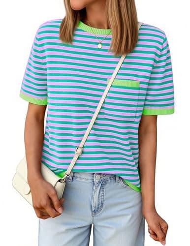 Aprolive Striped Tops for Women Trendy Short Sleeve Striped Knit Sweater with Stretch for Spring Summer Fall 2026(5-Green Pink,Small) - Image 1