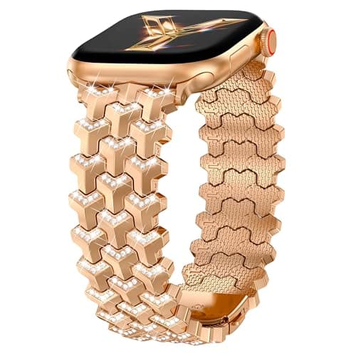 Moolia Luxury Bling Diamond Band Compatible with Apple Watch 42/46/45/44/49mm，Y-Shaped Metal Link with Crystals Women Replacement for iWatch Series 11 10 9 8 7 6 5 4 3 2 1 SE/Ultra(1/2/3), Rose Gold