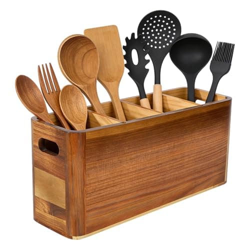 VLXXOI Large 4-Compartment Acacia Wooden Utensil Holder, Rustic Kitchen Counter Organizer, Extra Large Wood Storage Container for Cooking Utensils and Silverware - Image 1