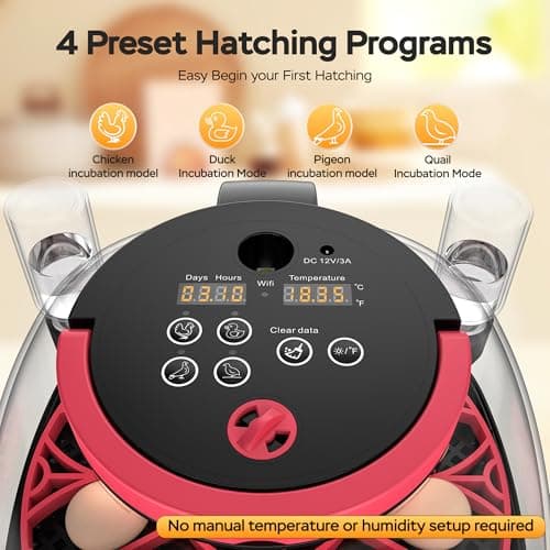 Caifunway Incubators for Hatching Eggs with Automatic Egg Turning and Humidity Control, with Remote APP Control, 12 Egg Capacity, for Chicken Duck Pigeon Quail (Red) - Thumbnail 2