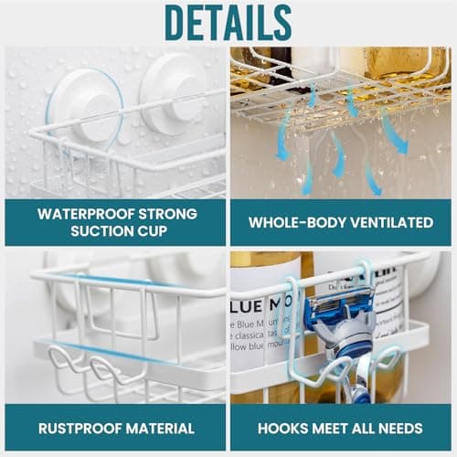 TAILI Corner-adaptive Suction Cup Shower Caddy 2 Pack, Stainless Steel Rustproof Corner Shower Shelves, Drill-Free Wall Mounted Baskets, Large Capacity Removable Suction Cup Bathroom Organizer, White - Thumbnail 5