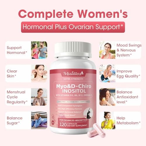 Mulittea Myo-Inositol & D-Chiro Supplement for Women - 14-in-1 Liposomal Inositol with Folic Acid,Omega-3 & Multivitamin for Hormone Balance,Support Ovarian,Skin & Mood- 40:1 Vegan 120 Capsules - Thumbnail 3