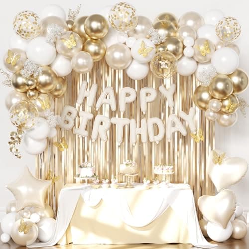White and Gold Birthday Decorations for Women Girls, Pearl White Gold Foil Confetti Balloons Happy birthday Banner Gold Butterfly Fringe Curtains for Birthday Party Baptism Communion Decorations - Image 1