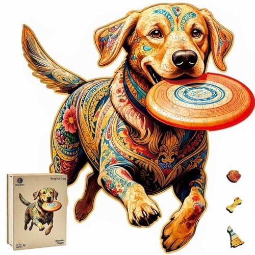 Wooden Puzzle for Adults, Dog with Frisbee Wooden Jigsaw Puzzle 200 Piece, Unique Animal Shaped Wooden Cut Puzzles, Fun Challenging Labrador Retriever Puzzles for Adults Family Game 10.3 x 11 in