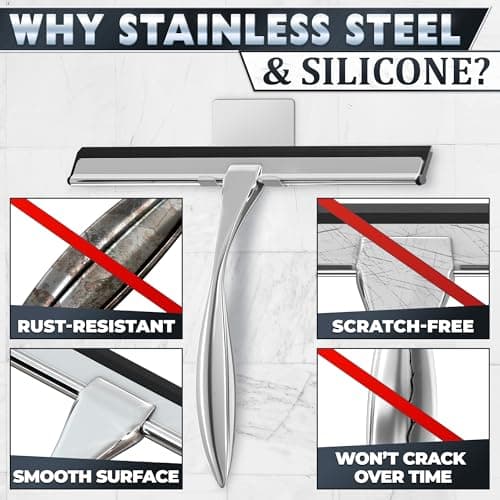 Shower Door Squeegee with Adhesive & Hanging Hooks, 12" Silicone Blade - Stainless Steel All-Purpose Squeegee for Shower Glass, Bathroom Mirror Cleaner Tool Suitable for Tile Walls - Multi-Surface Use - Thumbnail 3