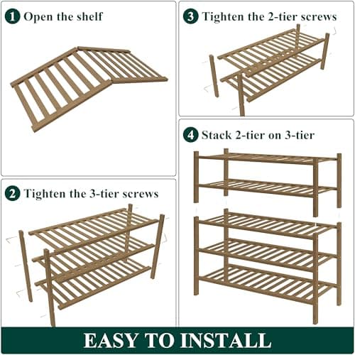 Smiry Bamboo Shoe Rack for Closet, 5 Tier Wooden Stackable Shoe Organizer, Free Standing Shoes Storage Shelf for Entryway, Front Door Entrance, Walnut - Thumbnail 6