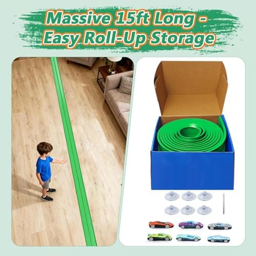 Flexible Race Track for Kids 15ft, FALDAA Toddler Car Tracks Compatible with Hot Wheels 1/64 Scale, Flextrack with 6 Cars and 6 Suction Cups, Portable Toy Car Ramp Sets for 3 Year Old+ - Thumbnail 6