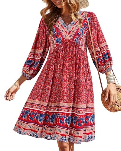 BTFBM Womens Summer Dresses 2026 Casual V Neck 3/4 Long Sleeve Ruffle Floral Flowy Boho Babydoll Mini Spring Beach Dress(Floral Blue Red, X-Large) - Image 1