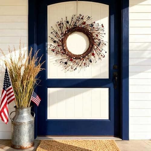 HipTree 16 Inch Patriotic Wreath for Front Door, 4th of July Wreath with Red White Blue Stars & Sprouts for Memorial Day, Independence Day,Veterans Day, Flag Day,Summer Decorations - Thumbnail 6