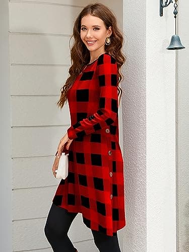 KORSIS Dresses for Women Black Red Plaid X-Large Long Sleeve Round Neck Casual Button Side T Shirts Loose Fitting Girls Christmas Sweater Fall Winter Tunic Dress - Thumbnail 3