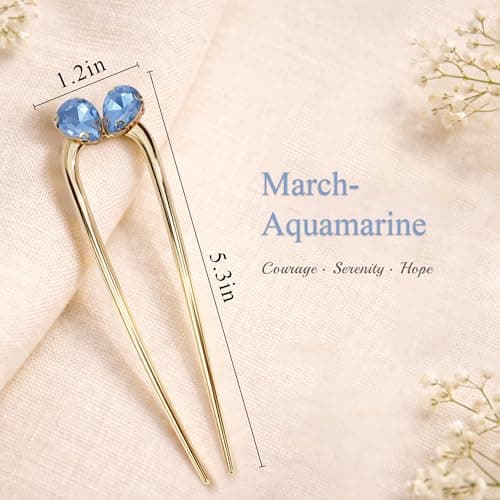Fohufo French Hair Pin for Women - Gold Fashion Hair Pins for Women, Dainty U shaped Hair Pins Fashion Accessorries, French Twist Hair Pin Birthday Gifts, Aquamarine March Birthstone - Thumbnail 4