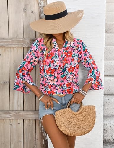 LOOKBOHO Boho Tops for Women 3/4 Sleeve Floral Blouses Casual Dressy Ruffle Sleeve Button V-Neck Business Shirts Pink L - Thumbnail 4