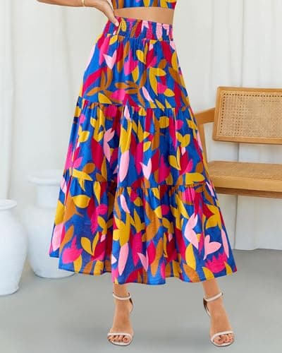 BTFBM Skirts for Women Summer 2026 Floral Print A Line Elastic High Waist Boho Maxi Skirt Spring Fashion Clothing Pocket(Leaf Blue, X-Large) - Thumbnail 2