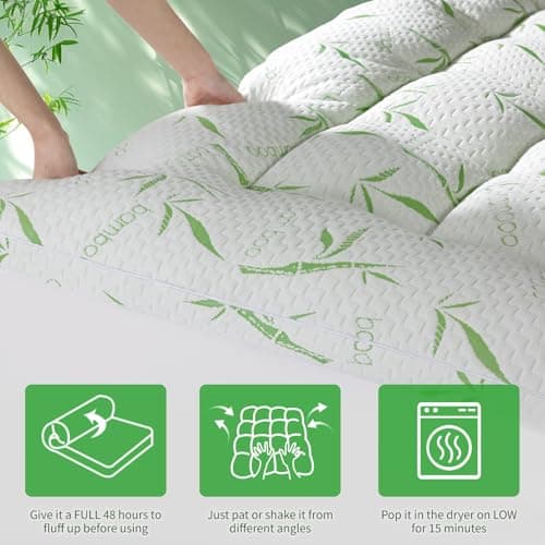 LIANLAM 3 Inch Mattress Topper Queen Size - 1500GSM 3D+7D Down Alternative Fill Pillow Top Mattress Pad, Viscose Made from Bamboo Cover, Extra Firm for Back Pain, 6"-18" Deep Pocket (60"x80") - Thumbnail 6