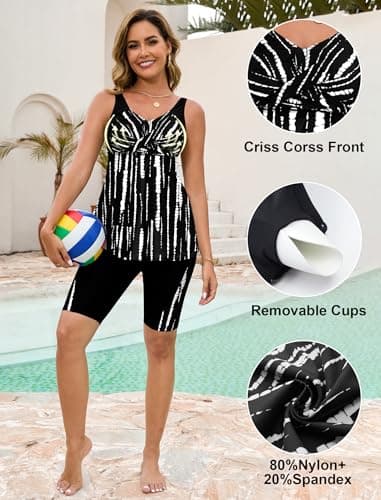 Arolina Plus Size Swimsuit for Women Modest Two Piece Bathing Suit with Shorts Push Up Swim Top Black Stripes (18W) - Thumbnail 5