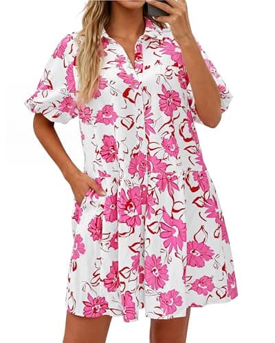 PRETTYGARDEN Womens Summer Dresses 2026 Casual Puff Sleeve Button Down Mini Shirt Dress Boho Floral Babydoll Sun Dress(Pink,X-Large) - Image 1