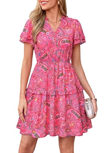PRETTYGARDEN Womens Summer Floral Mini Dress 2026 Trendy Ruffle Short Sleeve V Neck Flowy A Line Short Beach Dresses (Rose Red Floral,X-Large) - Image 1