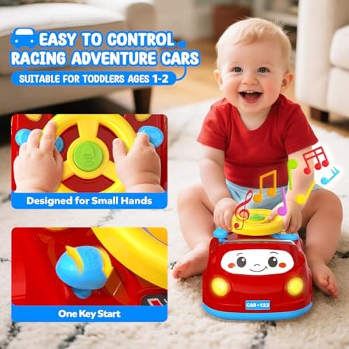Toys for 1 Year Old Boy Gifts - 2-in-1 Toddler Push Car & Musical Racing Adventure Steering Wheel Driving Game, Interactive Simulated Driving Car for Baby 12-18 Months, Birthday Gift Ages 1-2,Dark Red - Thumbnail 4