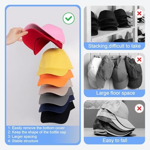 Hat Organizer for Baseball Caps, 2 Pack Hat Rack for Wall Hold up to 18 Hats Strong Adhesive Hat Hooks Stand Multilayer Hat Hanger Organizer Storage Holder Display for Door Closet Bedroom（White) - Thumbnail 2