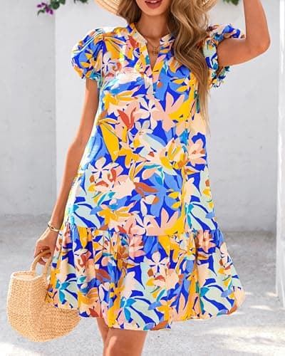 dowerme Womens Summer Dresses 2026 Puffy Sleeve V Neck Loose Floral Print A Line Boho Mini Babydoll Dress with Pockets(Multicolored,Medium) - Thumbnail 4